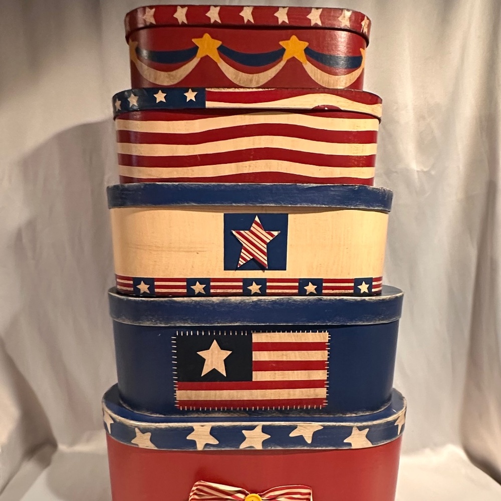 Vintage Paper Mache Patriotic Oval Storage Nesting Boxes-Set of 5 American Stars